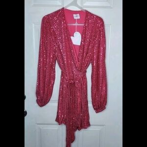 NWT Body Love Hot Pink Sequin Wrap Long Sleeve Party Dress LG holiday bling midi